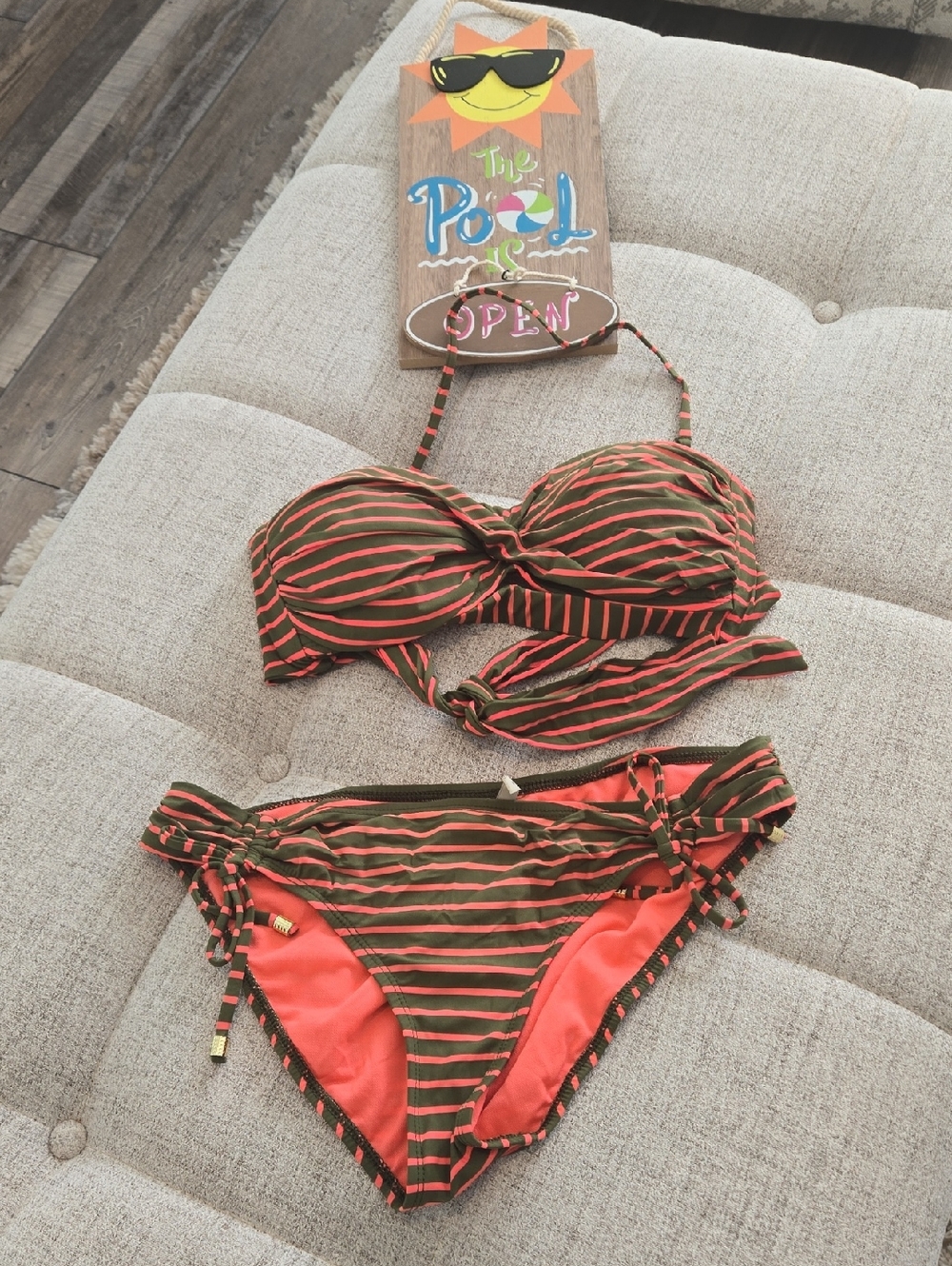 Cremieux Olive & Coral Striped Bikini Set